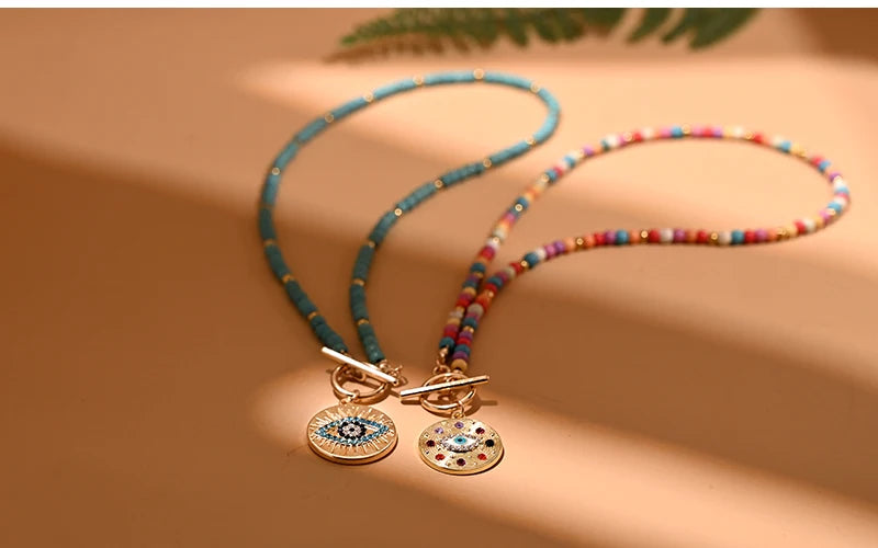 4mm Colorful Stone Choker Necklace for Women Round Evil Charm Pendant Necklace Fashion New Daily Jewelry