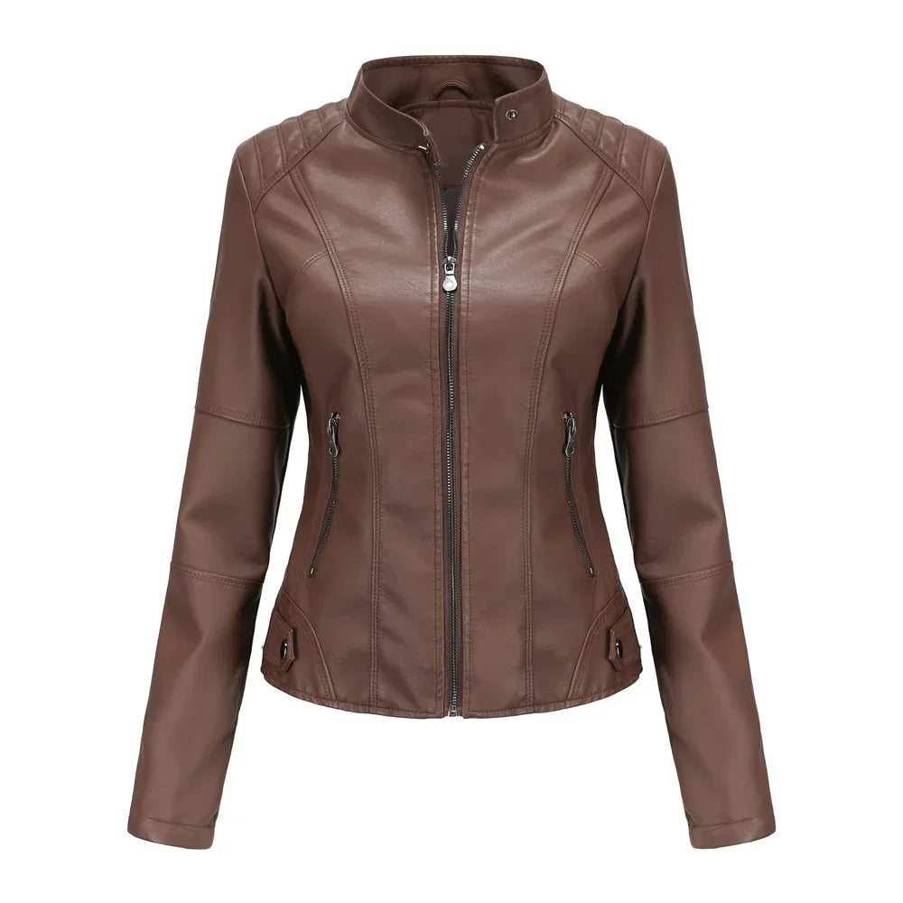 New women's leather jacket Slim jacket Thin section of the spring and autumn jacket Standing collar women's leather jacket