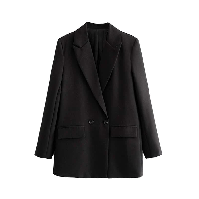 TRZA Women Chic Office Lady Double Breasted Blazer Vintage Coat Fashion Notched Collar Long Sleeve Ladies Outerwear Stylish Tops