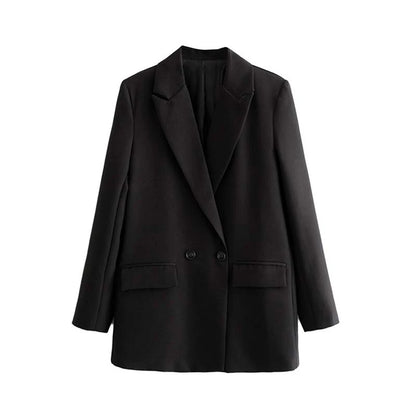 TRZA Women Chic Office Lady Double Breasted Blazer Vintage Coat Fashion Notched Collar Long Sleeve Ladies Outerwear Stylish Tops