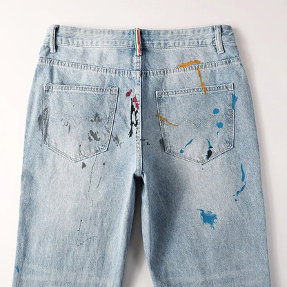 Men's High Street Distressed Washed Light Blue Non-Stretch Damaged Holes Spray Paint Slim Fit Jeans Pants