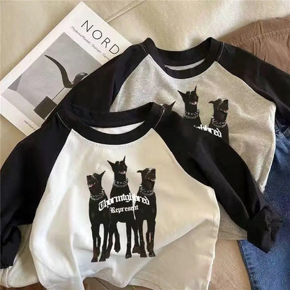 2025 Spring Baby Cartoon Wolf T-Shirts Kids Boys Girls Cotton Long Sleeve Top Clothes For 1-8Y Children'S Casual Outfit Pullover
