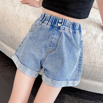 Girls' Denim Shorts - Summer Casual Stretchy Jean Shorts for Kids, Comfortable Loose Fit