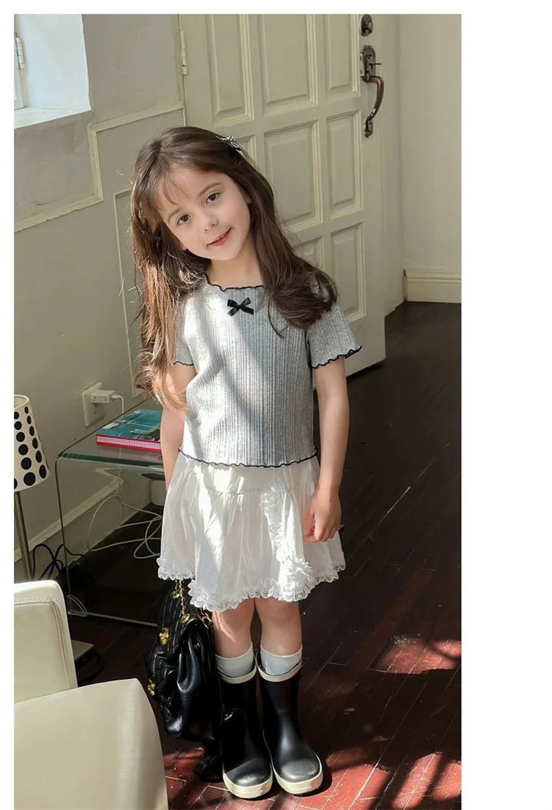 Girl Baby Thin Knit Ruffle Lace Short Sleeve T-shirts 2025 Summer New Girls Kids Bow Tops Sweet Cute Student Children Clothing