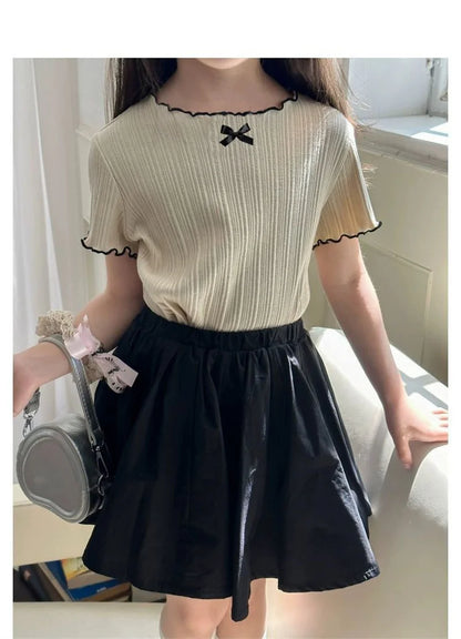 Girl Baby Thin Knit Ruffle Lace Short Sleeve T-shirts 2025 Summer New Girls Kids Bow Tops Sweet Cute Student Children Clothing