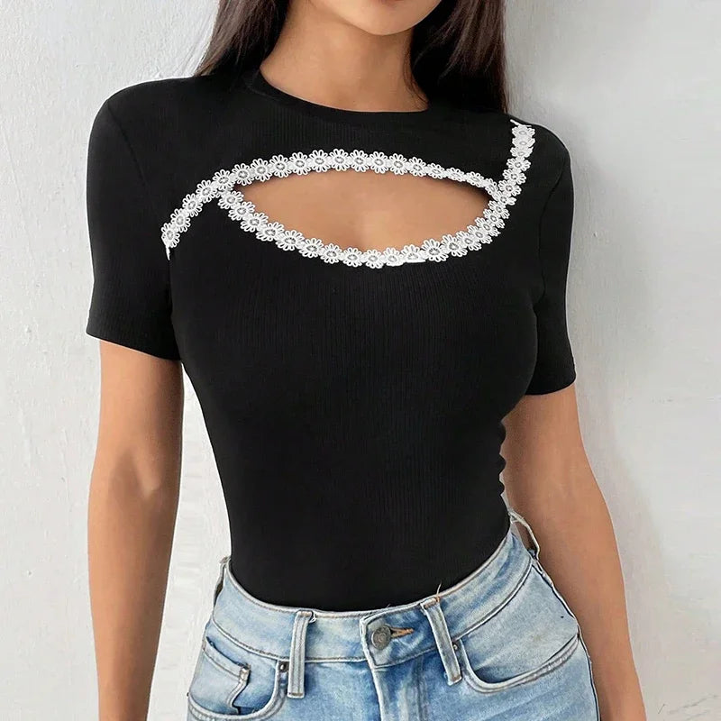 Sexy Short Sleeve Hollow Out Tops Female Black Slim Tee Basic T Shirt Women Elegant Slim Tops