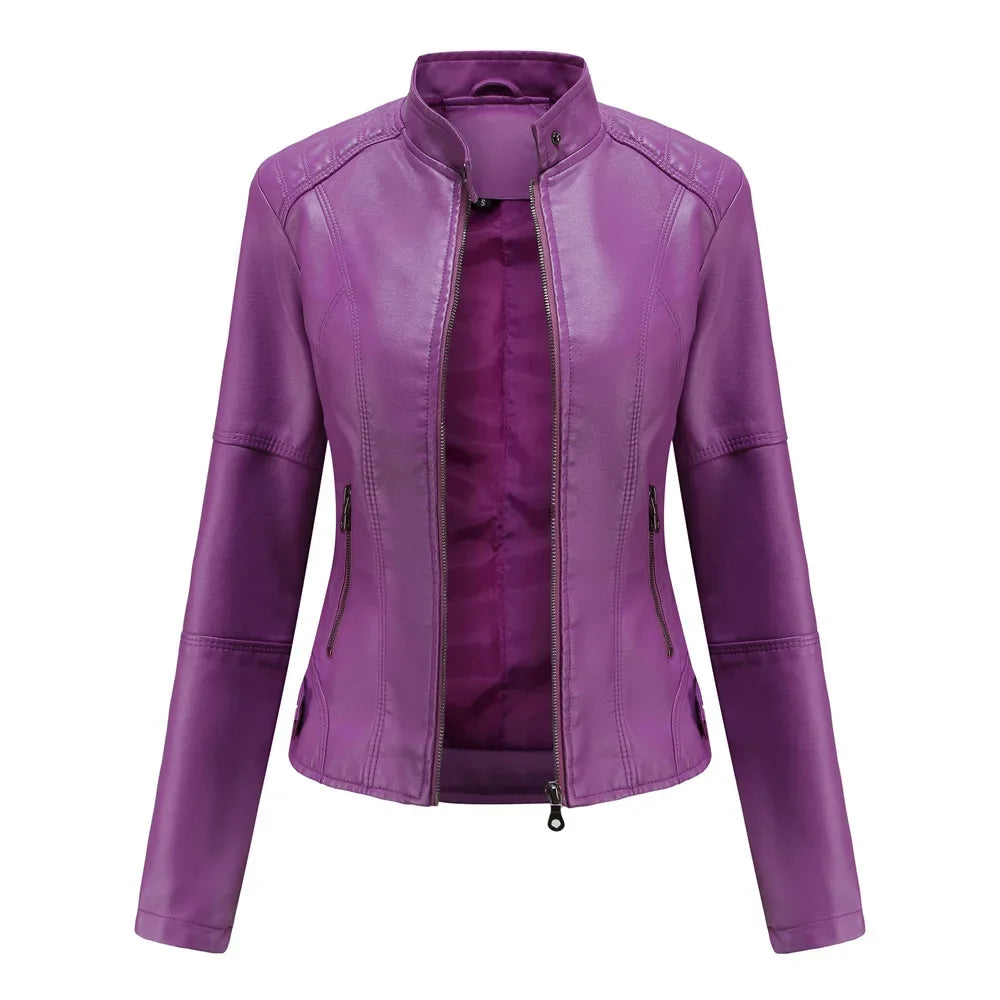 New women's leather jacket Slim jacket Thin section of the spring and autumn jacket Standing collar women's leather jacket