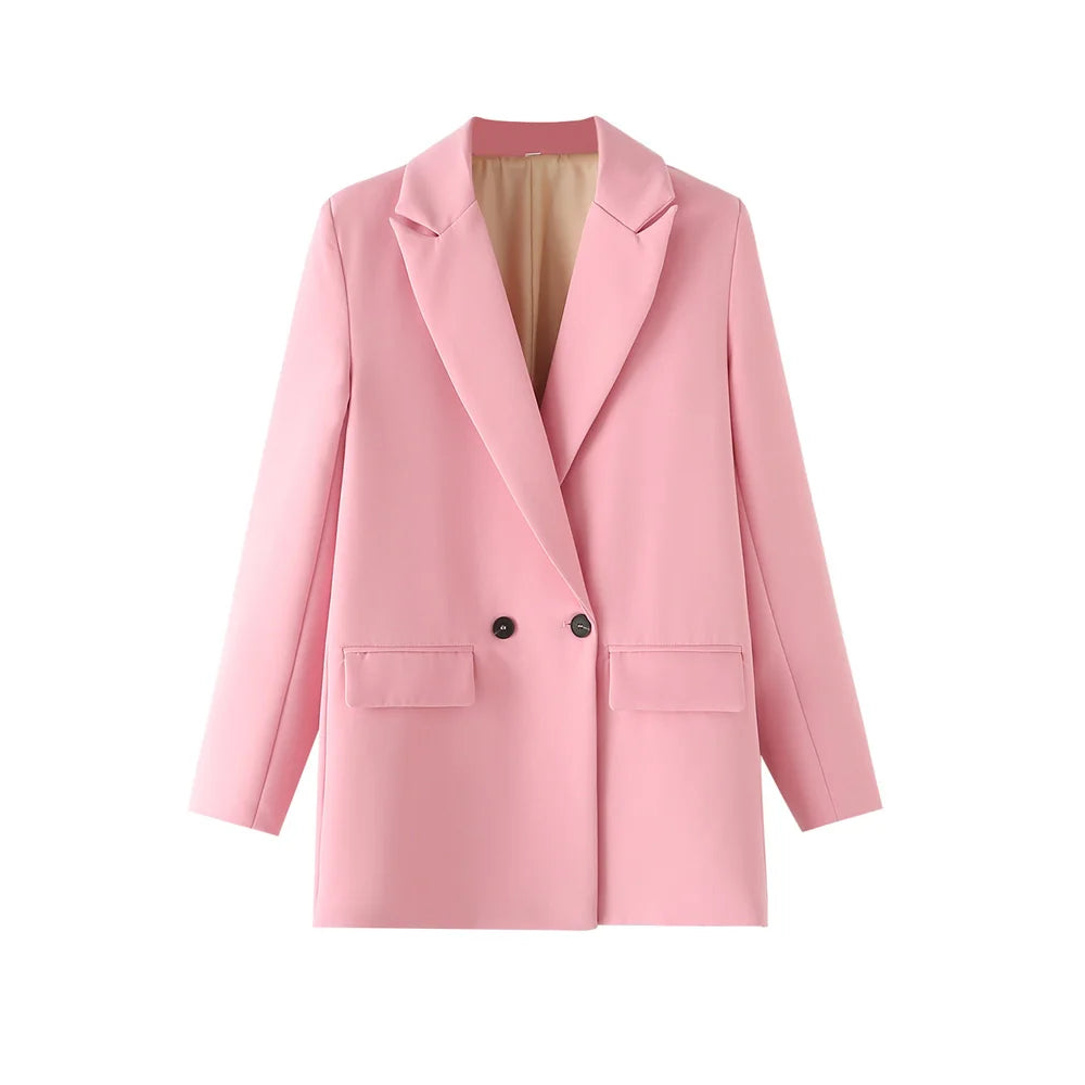 TRZA Women Chic Office Lady Double Breasted Blazer Vintage Coat Fashion Notched Collar Long Sleeve Ladies Outerwear Stylish Tops