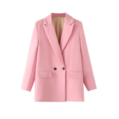 TRZA Women Chic Office Lady Double Breasted Blazer Vintage Coat Fashion Notched Collar Long Sleeve Ladies Outerwear Stylish Tops