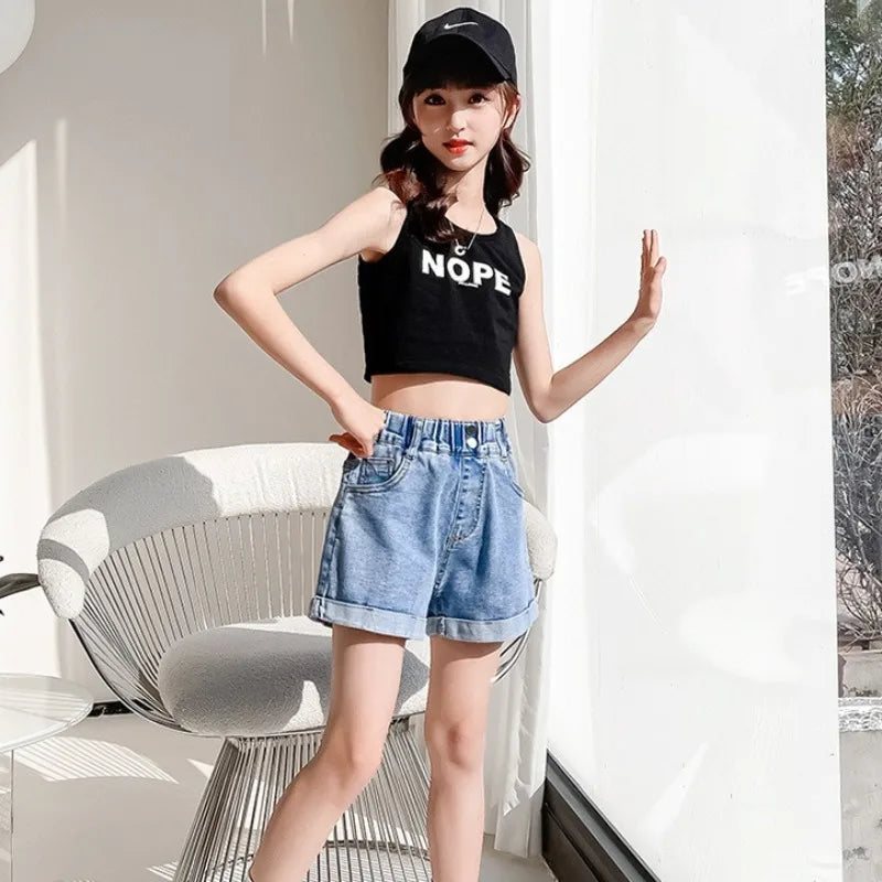 Girls' Denim Shorts - Summer Casual Stretchy Jean Shorts for Kids, Comfortable Loose Fit