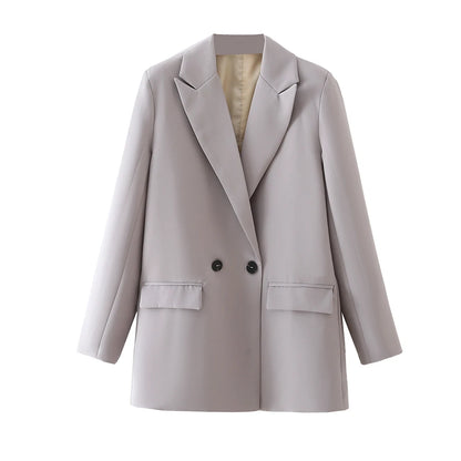 TRZA Women Chic Office Lady Double Breasted Blazer Vintage Coat Fashion Notched Collar Long Sleeve Ladies Outerwear Stylish Tops