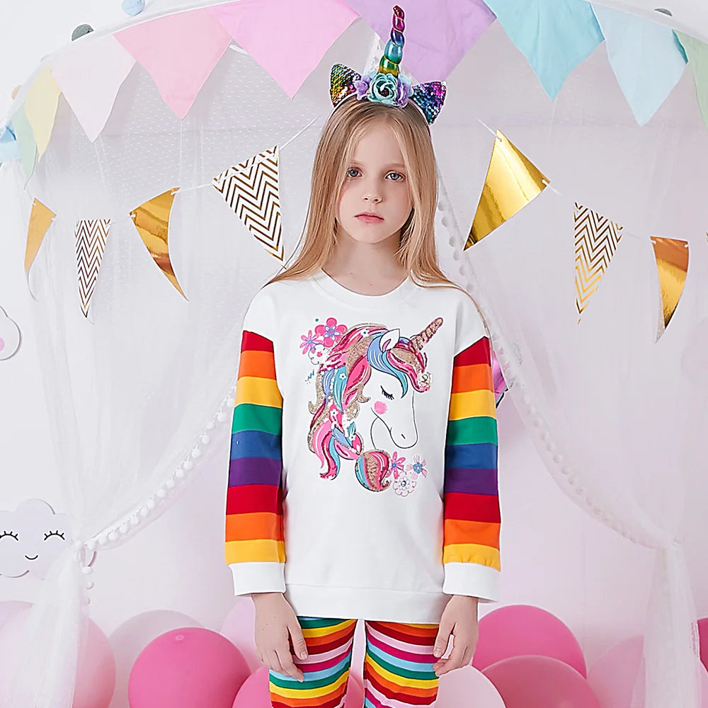 DXTON Girls Sweatshirts Kids Unicorn Sequined Appliqued Rainbow Striped Sweatshirts Kids Long Sleeve Hoodies Sport Shirts 3-12Y