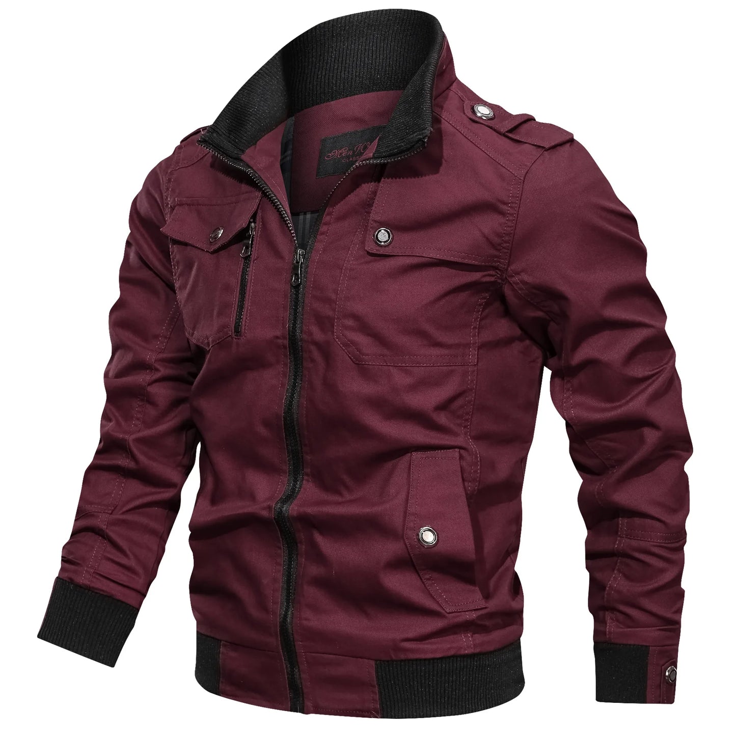 Casual solid color jacket, zippered pocket, stand up collar, oversized jacket, tough guy style, thin motorcycle top