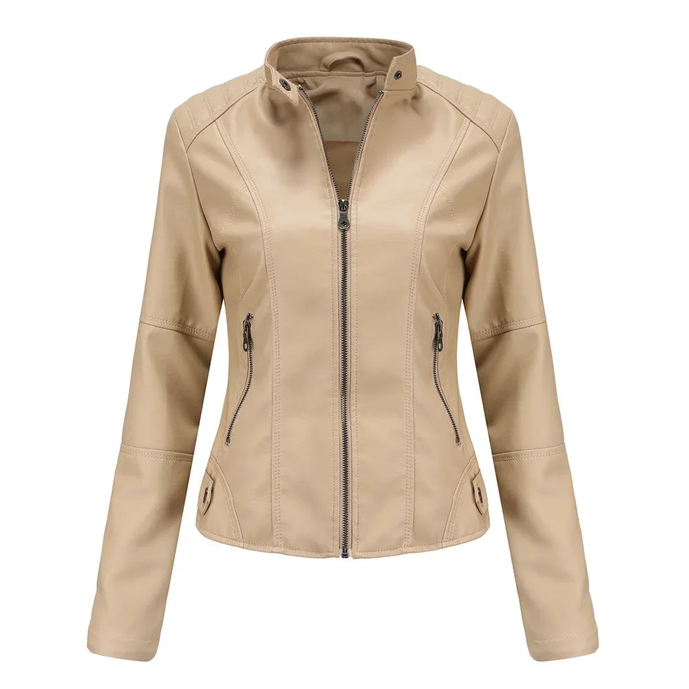 New women's leather jacket Slim jacket Thin section of the spring and autumn jacket Standing collar women's leather jacket