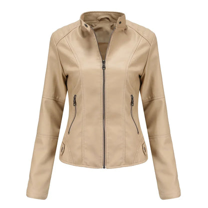 New women's leather jacket Slim jacket Thin section of the spring and autumn jacket Standing collar women's leather jacket