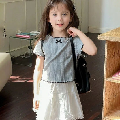 Girl Baby Thin Knit Ruffle Lace Short Sleeve T-shirts 2025 Summer New Girls Kids Bow Tops Sweet Cute Student Children Clothing