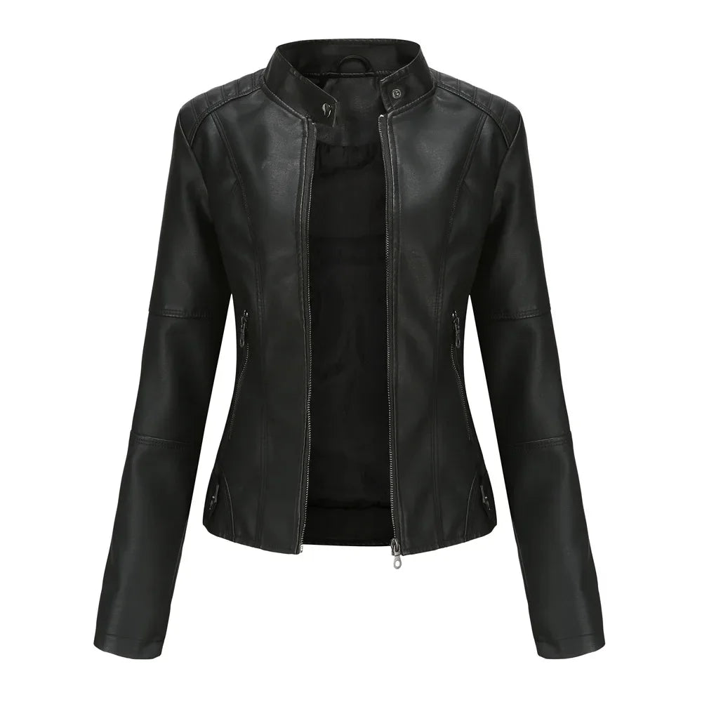 New women's leather jacket Slim jacket Thin section of the spring and autumn jacket Standing collar women's leather jacket