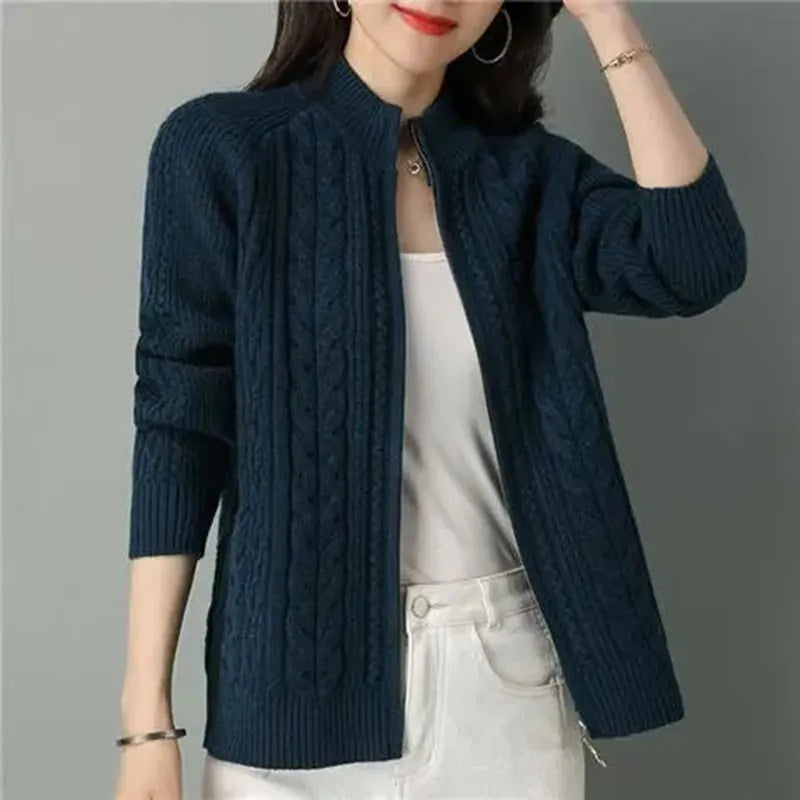 2025 Half High Collar Zipper Knitted Cardigan Jacket Women fall New korean Style  long Sleeve Cardigans Thicken Sweater Coat
