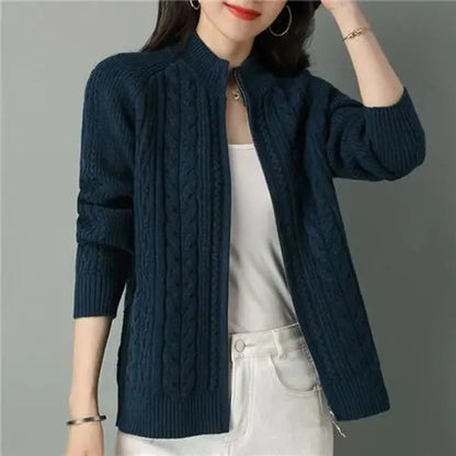 2025 Half High Collar Zipper Knitted Cardigan Jacket Women fall New korean Style  long Sleeve Cardigans Thicken Sweater Coat
