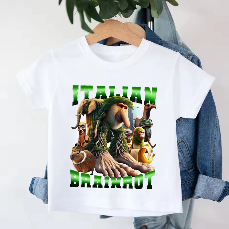 Italian Brainrot Kids Cotton T-shirt Tung Tung Tung Sahur Tee Tralalero Tralala Summer Clothes Funny Meme Children Cute Top Gift