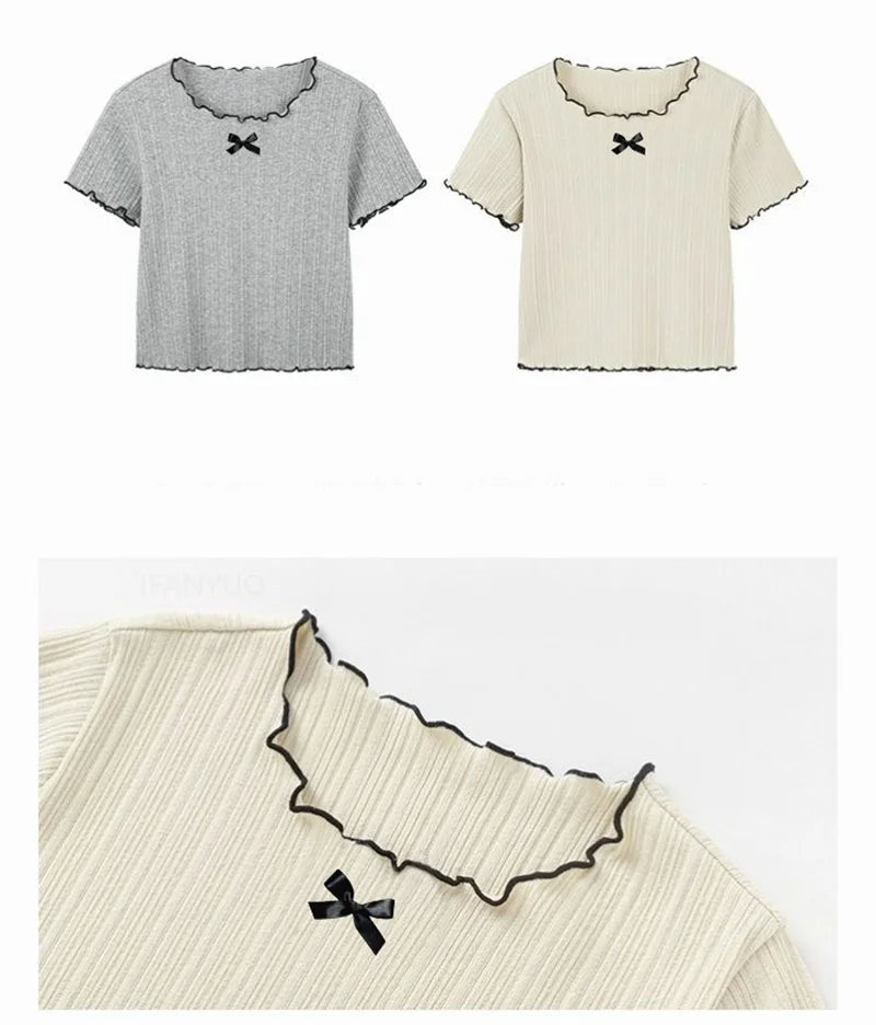 Girl Baby Thin Knit Ruffle Lace Short Sleeve T-shirts 2025 Summer New Girls Kids Bow Tops Sweet Cute Student Children Clothing