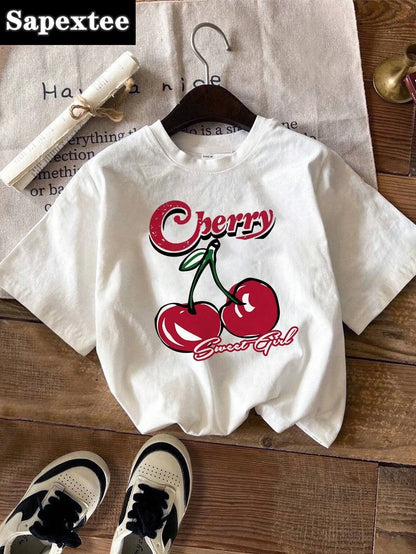 Korean Style Simple Fruit Cherry Print Cotton T Shirt For Kids Adults Trendy Street Harajuku Tees Daily Girls Summer Sweatshirts