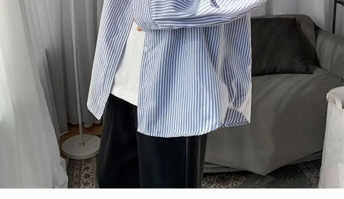 Japanese striped long-sleeved shirt boys simple trend literary fan lining clothes spring and autumn casual coat couple...