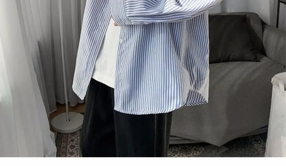 Japanese striped long-sleeved shirt boys simple trend literary fan lining clothes spring and autumn casual coat couple...