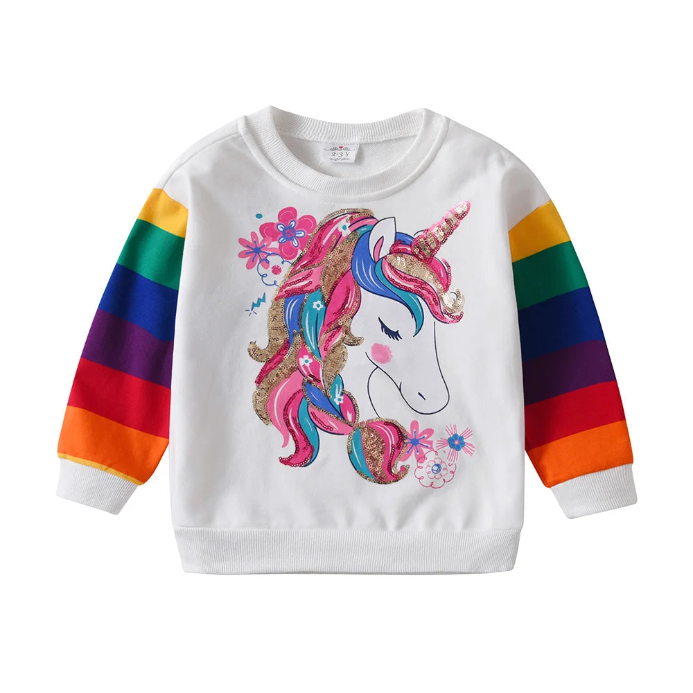 DXTON Girls Sweatshirts Kids Unicorn Sequined Appliqued Rainbow Striped Sweatshirts Kids Long Sleeve Hoodies Sport Shirts 3-12Y