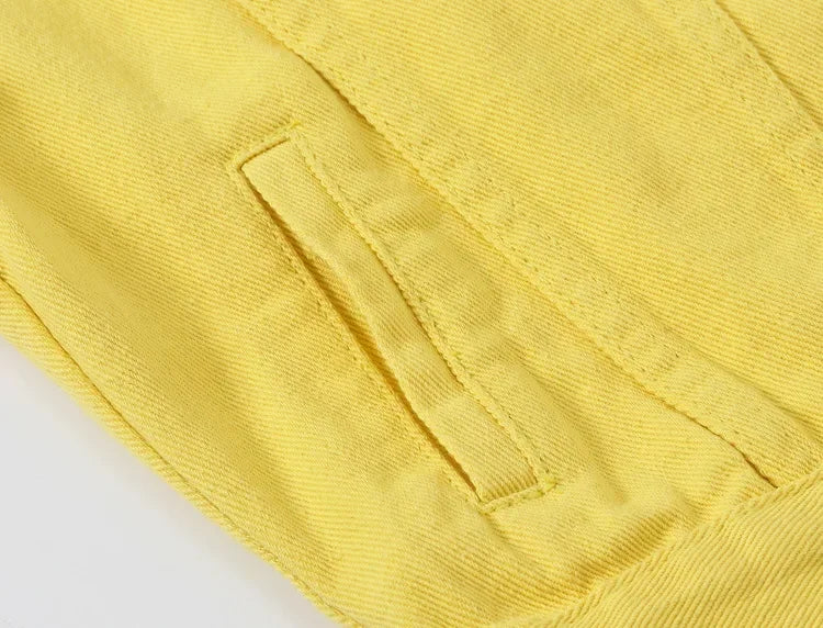 Yellow Women's Long Sleeve Jacket, Single Breasted Lapel Denim Jacket, Fashion Women's Tops Jacket Blue White Women's Coat