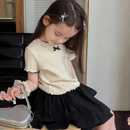 Girl Baby Thin Knit Ruffle Lace Short Sleeve T-shirts 2025 Summer New Girls Kids Bow Tops Sweet Cute Student Children Clothing