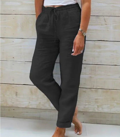 Women Cotton Linen Pants Summer Female High Elastic Waist Drawstring Pocket Beachwear Holiday Straight Trousers JYFS-1044