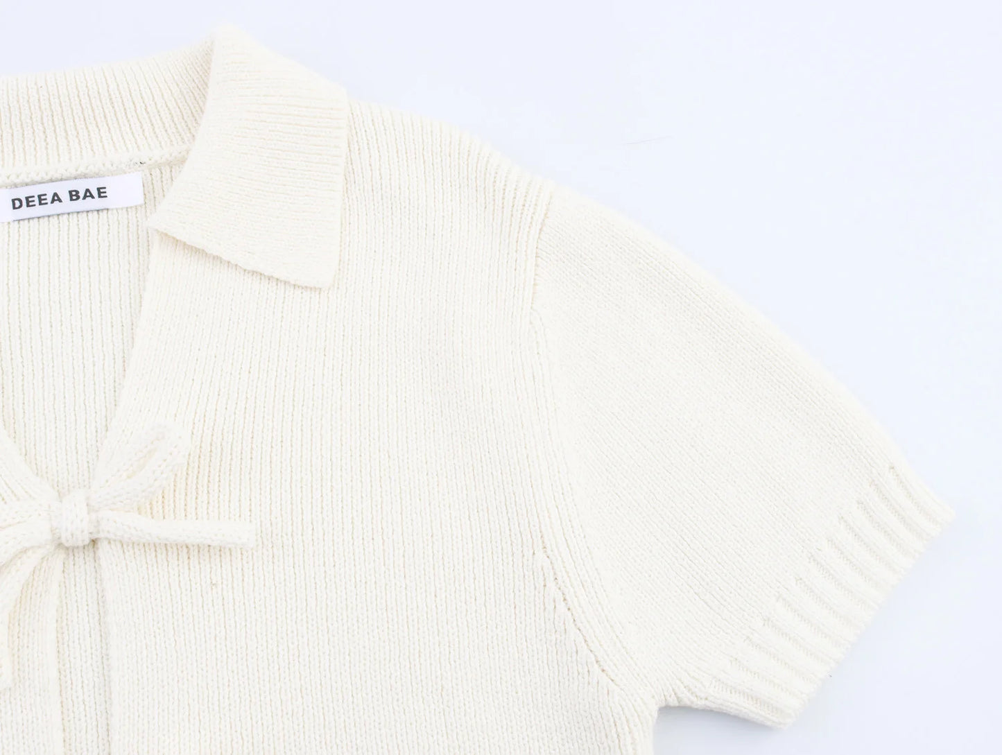 DEEABAE Women's Korean Casual Style Sweet And Pure Desire Bow Decoration Knitted Short Sleeved Lapel Top