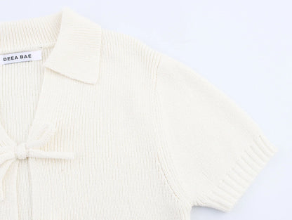 DEEABAE Women's Korean Casual Style Sweet And Pure Desire Bow Decoration Knitted Short Sleeved Lapel Top