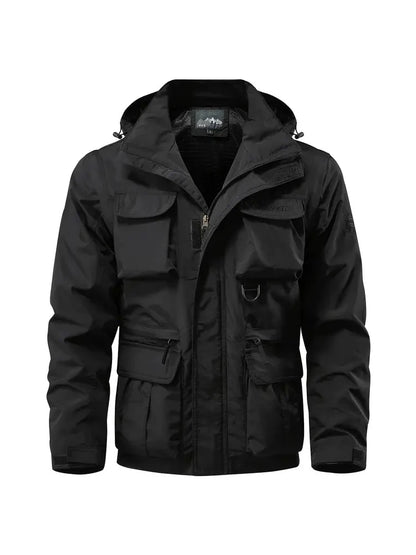 Detachable windproof sleeved hooded jacket suitable for outdoor activities men's casual waterproof multi pocket jacket vest