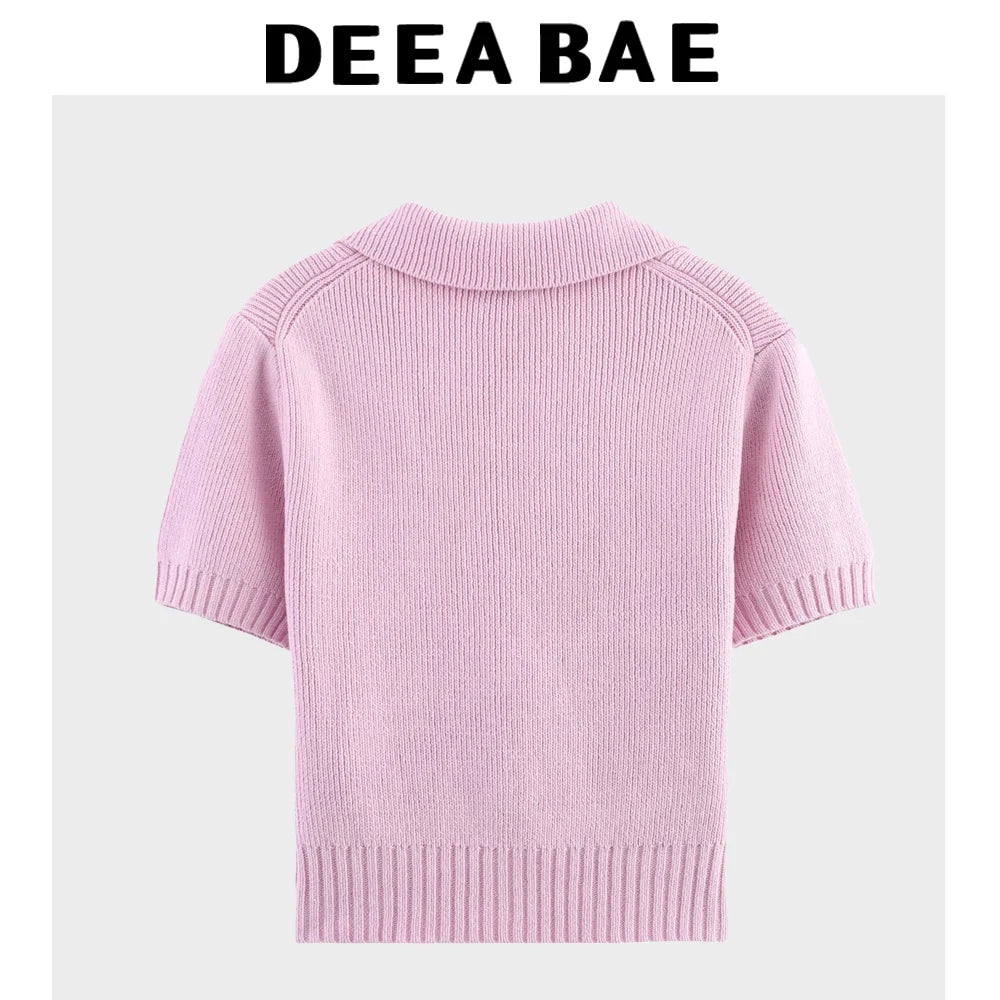 DEEABAE Women's Korean Casual Style Sweet And Pure Desire Bow Decoration Knitted Short Sleeved Lapel Top