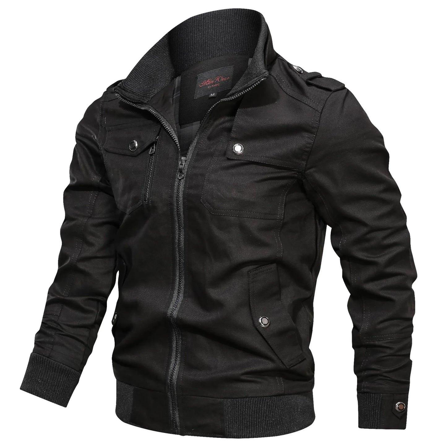 Casual solid color jacket, zippered pocket, stand up collar, oversized jacket, tough guy style, thin motorcycle top