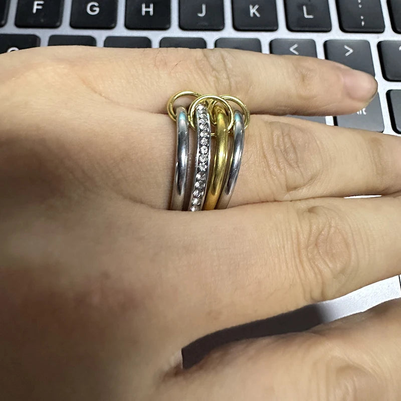 3 CZ Cubic Zirconia Ring Set Stackable Ring Silver Gold Stacking Rings Multi-Link Connected Statement Interlocking for Women