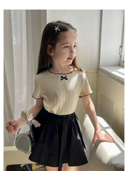 Girl Baby Thin Knit Ruffle Lace Short Sleeve T-shirts 2025 Summer New Girls Kids Bow Tops Sweet Cute Student Children Clothing