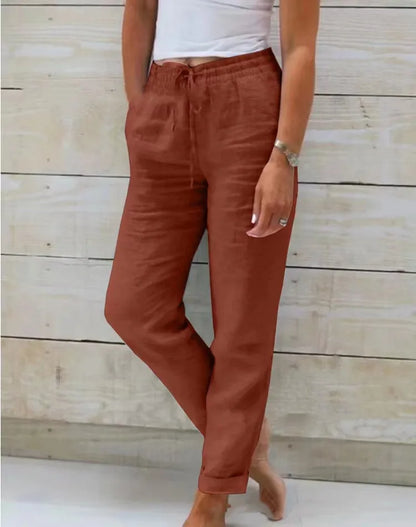 Women Cotton Linen Pants Summer Female High Elastic Waist Drawstring Pocket Beachwear Holiday Straight Trousers JYFS-1044