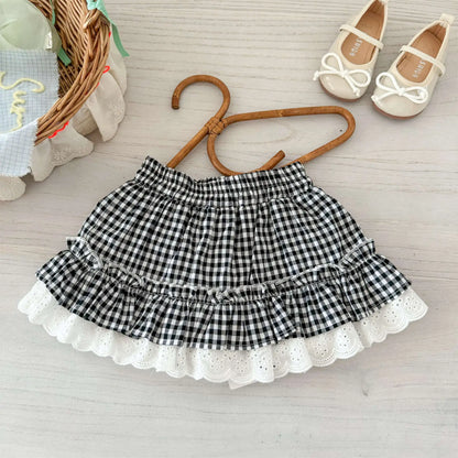 Korean Childrens Girls Short Skirt Summer Stylish Beautiful Plaid Kids Girls Half Skirt Lace Ruched Toddler Girls Cake Skirts