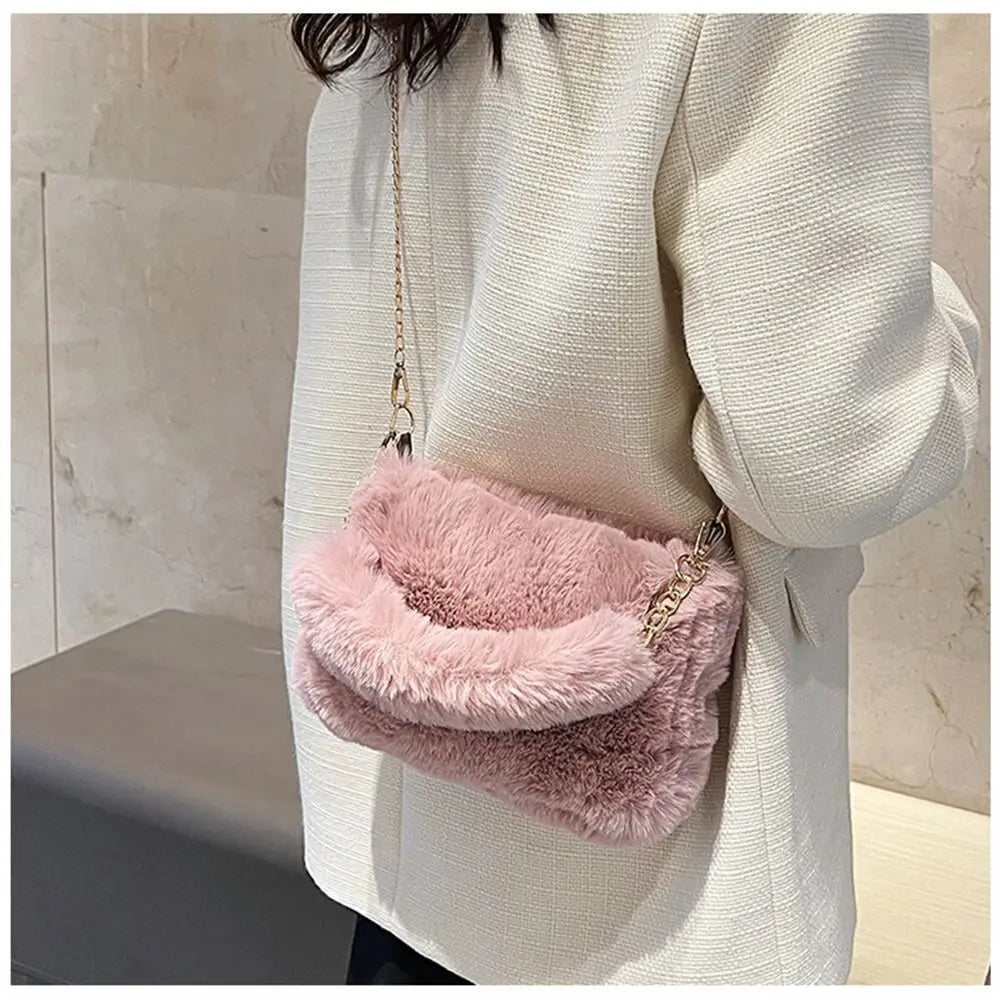 Fashion Women Fluffy Shoulder Bags Female Winter Chain Underarm Bag Solid Color Handbag Soft Plush Handle Bag