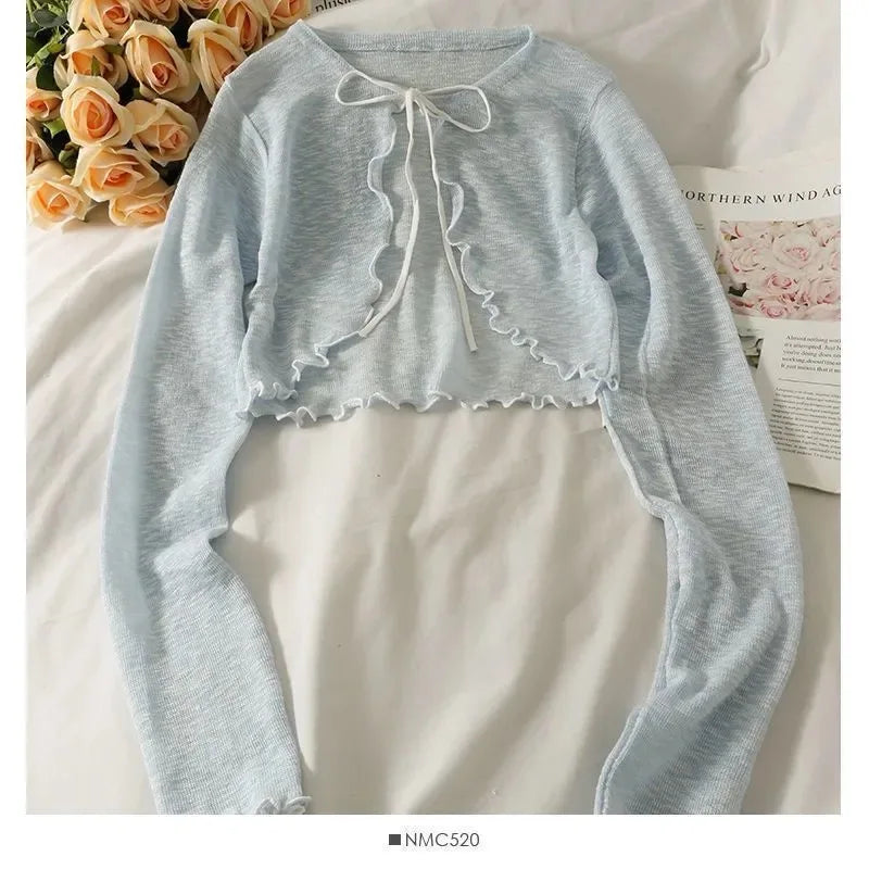 Summer Women Thin Sunscreen Cardigan Lace-up Knitwear Tops Female Korean Style Lantern Sleeve Short Coat Casual Sun Protected
