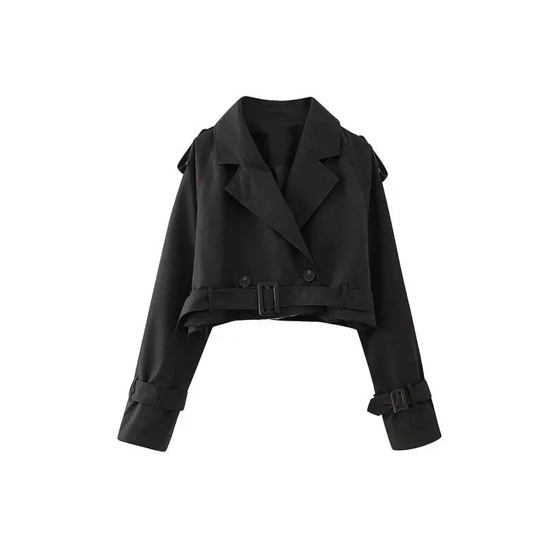 2025 Cropped Trench Coat with Belt - Vintage Double Breasted Spring Jacket for Women| Streetwear Outerwear