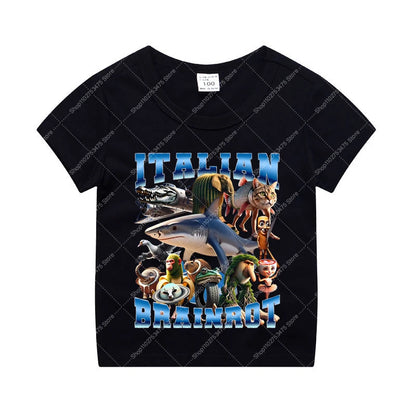 Italian Brainrot Kids Cotton T-shirt Tung Tung Tung Sahur Tee Tralalero Tralala Summer Clothes Funny Meme Children Cute Top Gift