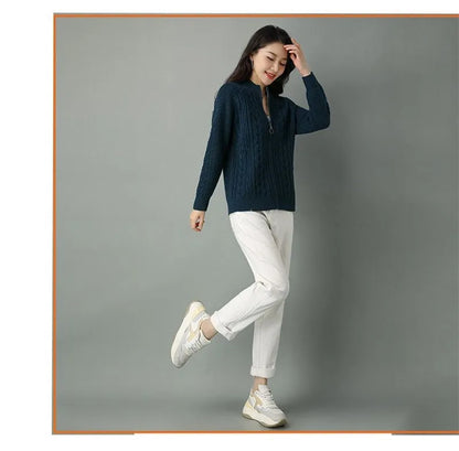 2025 Half High Collar Zipper Knitted Cardigan Jacket Women fall New korean Style  long Sleeve Cardigans Thicken Sweater Coat