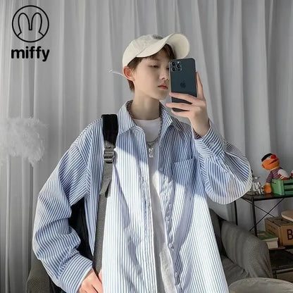 Japanese striped long-sleeved shirt boys simple trend literary fan lining clothes spring and autumn casual coat couple...