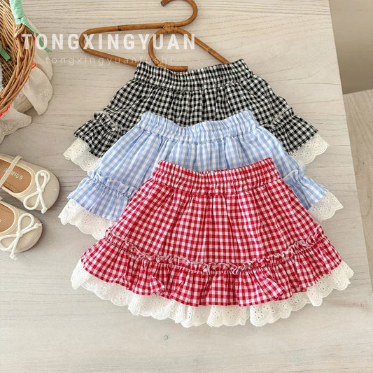 Korean Childrens Girls Short Skirt Summer Stylish Beautiful Plaid Kids Girls Half Skirt Lace Ruched Toddler Girls Cake Skirts