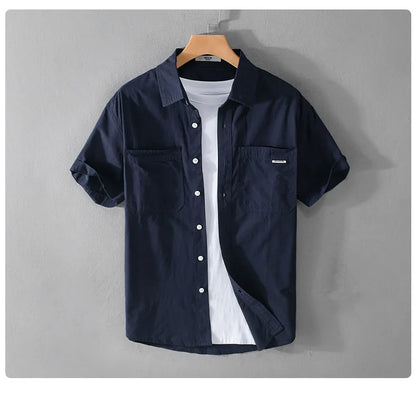 Summer Men's Casual Short Sleeve Comfortable Shirt 100% Cotton Sold Color Loose Simple Male Workwear Versatile Youth Fresh Shirt